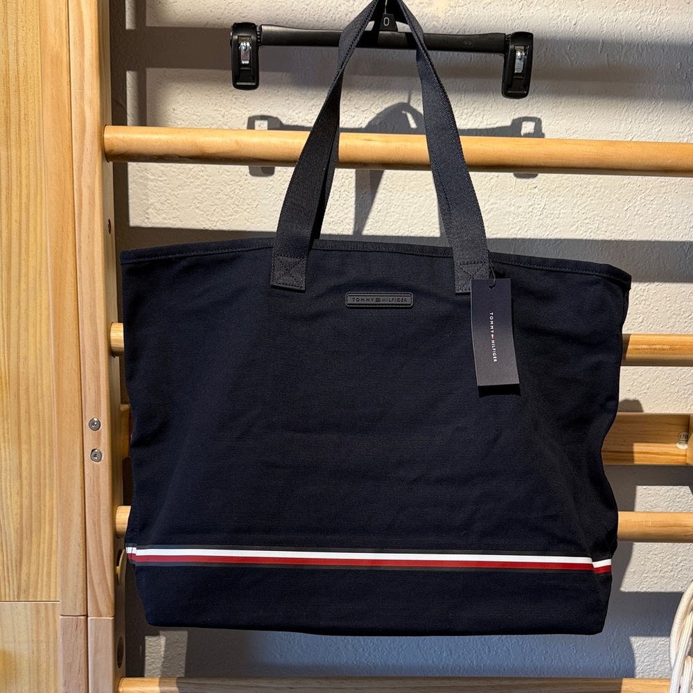 Tommy Hilfiger Black Duffel Bag with Red and White Stripe
